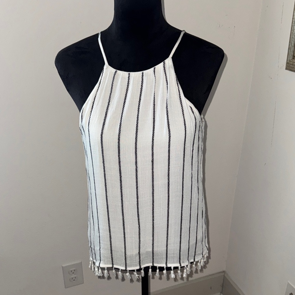 Sunday in Brooklyn Striped Halter Neck Women's Top fringed hem Sz S blouse‎